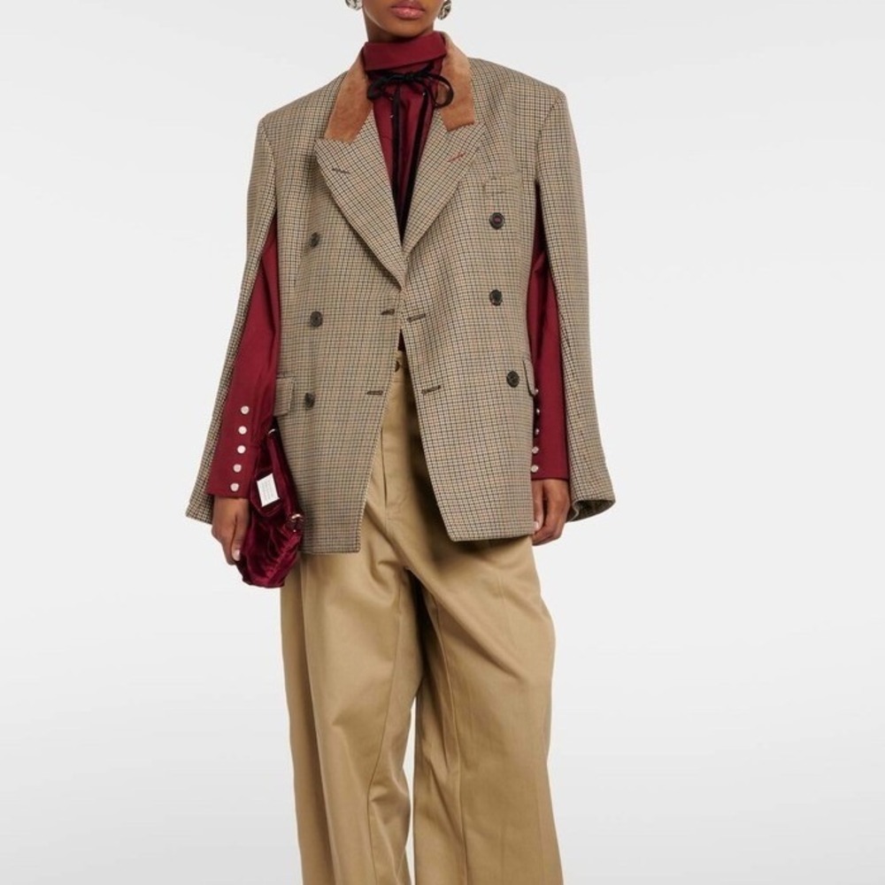 Maison Margiela Houndstooth Plaid Cape Jacket Brown Camel Wool IT 44 US Size 12